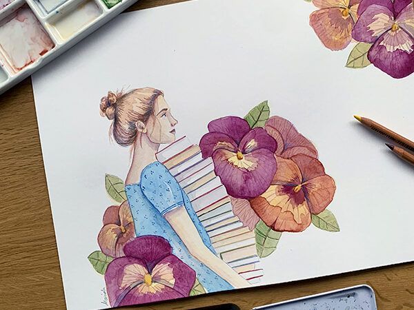 Acuarela mixta La bibliófila